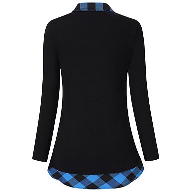 Women's Long Sleeve Contrast Collared Shirts Round Neck Patchwork Work Blouse Plaid Tunics Tops