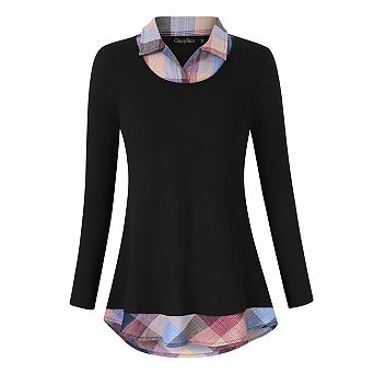 Women's Long Sleeve Contrast Collared Shirts Round Neck Patchwork Work Blouse Plaid Tunics Tops