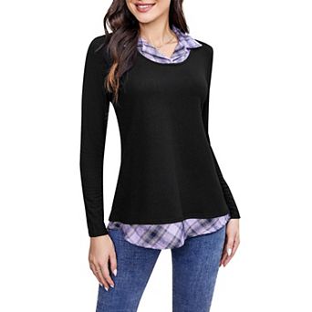Women's Long Sleeve Contrast Collared Shirts Round Neck Patchwork Work Blouse Plaid Tunics Tops