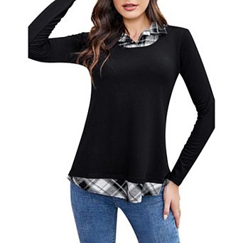 Women's Long Sleeve Contrast Collared Shirts Round Neck Patchwork Work Blouse Plaid Tunics Tops