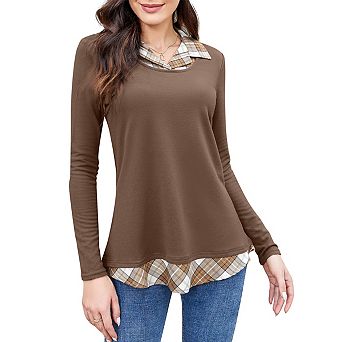 Women's Long Sleeve Contrast Collared Shirts Round Neck Patchwork Work Blouse Plaid Tunics Tops