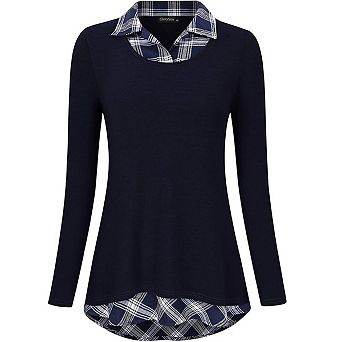 Women's Long Sleeve Contrast Collared Shirts Round Neck Patchwork Work Blouse Plaid Tunics Tops