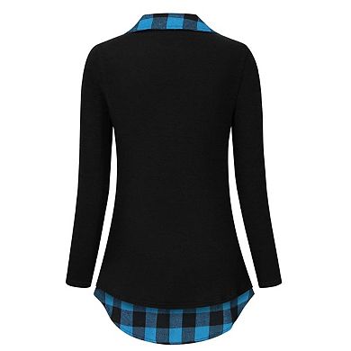 Women's Long Sleeve V-Neck Contrast Collared Shirts Patchwork Work Blouse Plaid Tunics Tops