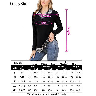 Women's Long Sleeve V-Neck Contrast Collared Shirts Patchwork Work Blouse Plaid Tunics Tops