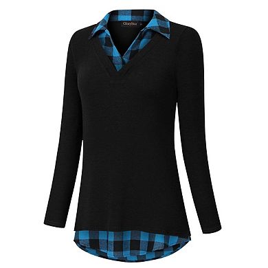 Women's Long Sleeve V-Neck Contrast Collared Shirts Patchwork Work Blouse Plaid Tunics Tops