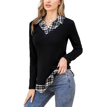 Women's Long Sleeve V-Neck Contrast Collared Shirts Patchwork Work Blouse Plaid Tunics Tops