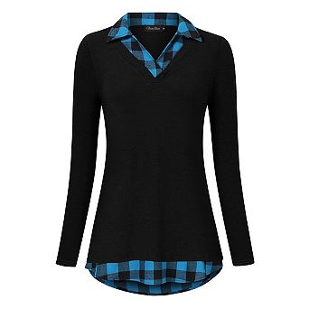Women's Long Sleeve V-Neck Contrast Collared Shirts Patchwork Work Blouse Plaid Tunics Tops