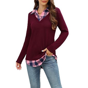 Women's Long Sleeve V-Neck Contrast Collared Shirts Patchwork Work Blouse Plaid Tunics Tops