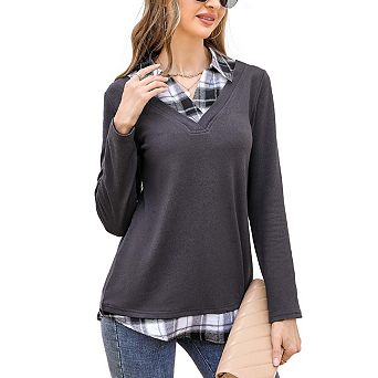 Women's Long Sleeve V-Neck Contrast Collared Shirts Patchwork Work Blouse Plaid Tunics Tops