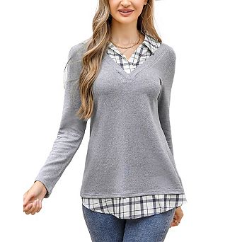 Women's Long Sleeve V-Neck Contrast Collared Shirts Patchwork Work Blouse Plaid Tunics Tops