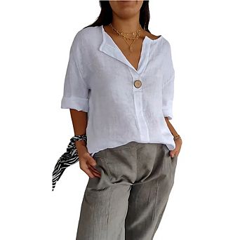 Women's Shirt Linen Oversized 3/4 Sleeve Henley Blouse