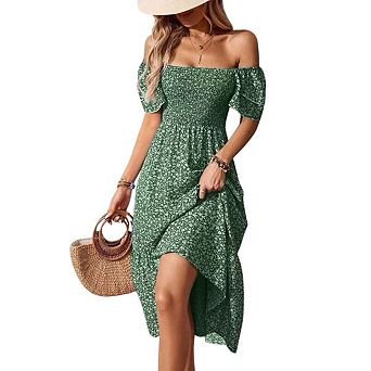 Women's Smocked Midi Dress Summer Casual Ruffle Short Sleeve Square Neck Tiered Dresses