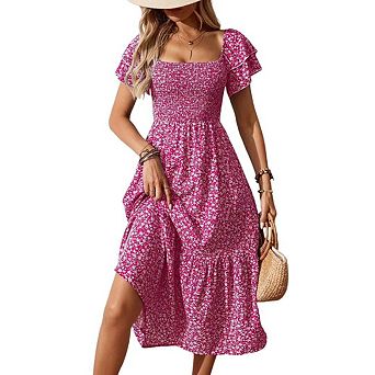 Women's Smocked Midi Dress Summer Casual Ruffle Short Sleeve Square Neck Tiered Dresses
