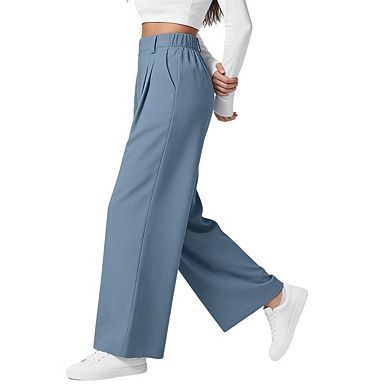 Women's High Waisted Pleated Front Elastic Waist Pockets Wide Leg Pants