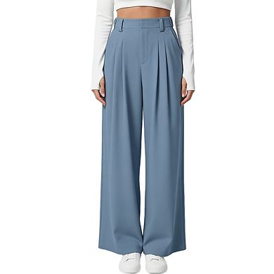 Women's High Waisted Pleated Front Elastic Waist Pockets Wide Leg Pants