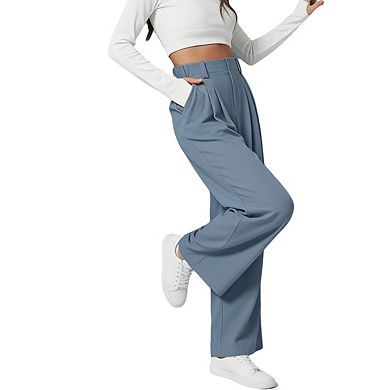 Women's High Waisted Pleated Front Elastic Waist Pockets Wide Leg Pants