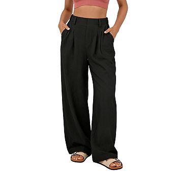 Women's High Waisted Pleated Front Elastic Waist Pockets Wide Leg Pants