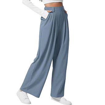 Women's High Waisted Pleated Front Elastic Waist Pockets Wide Leg Pants