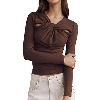 Women's Casual Tops Long Sleeve Solid Color Slim Fit Twist Knot Front Blouse