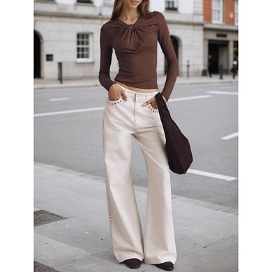 Women's Casual Tops Long Sleeve Solid Color Slim Fit Twist Knot Front Blouse