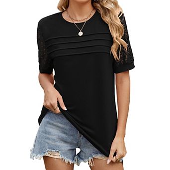 Women's Loose Fit T Shirt Summer Casual Round Neck Hollow Out Short Sleeve Top