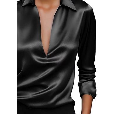 Women's Elegant Satin Silk Blouse Cowl Neck Ruched Front Draped Long Sleeve Work Office Shirt Top