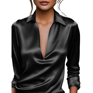 Women's Elegant Satin Silk Blouse Cowl Neck Ruched Front Draped Long Sleeve Work Office Shirt Top