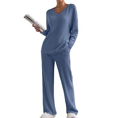 Women's Pajama Sets Long Sleeve Lounge Sets Ribbed Knit 2 Piece Sweater Sleepwear