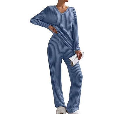 Women's Pajama Sets Long Sleeve Lounge Sets Ribbed Knit 2 Piece Sweater Sleepwear