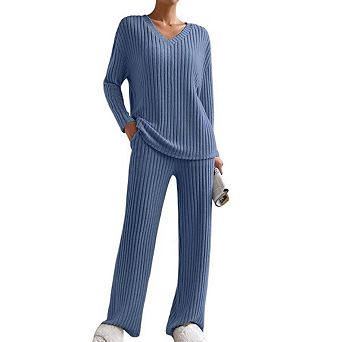 Women's Pajama Sets Long Sleeve Lounge Sets Ribbed Knit 2 pc Sweater Sleepwear