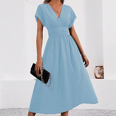 knee length dresses for ladies PRETTYGARDEN Women's Casual Midi Dresses Square Neck Short Sleeve Smoc