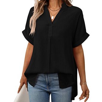 Women's Loose Fit Blouse V Neck Short Sleeve Plaid Striped Rolled Cuff Casual Shirt