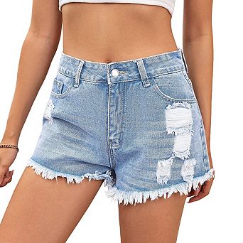 Women's High Waisted Distressed Details Fringed Hem Pockets Button Denim Shorts