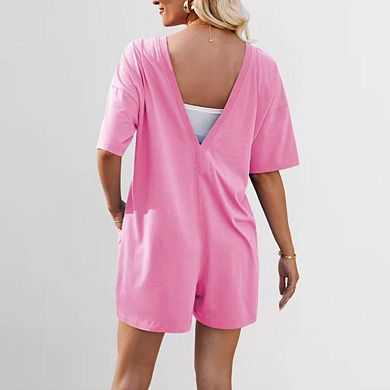 Women Oversized Rompers Half Sleeve Athletic Workout Reversible Hot Shot Tee Romper Deep Pockets