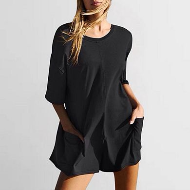 Women Oversized Rompers Half Sleeve Athletic Workout Reversible Hot Shot Tee Romper Deep Pockets