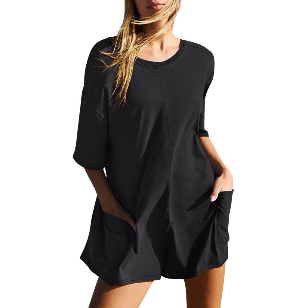 Женские комбинезоны Women Oversized Rompers Half Sleeve Athletic Workout Reversible Hot Shot Tee Romper Deep Pockets