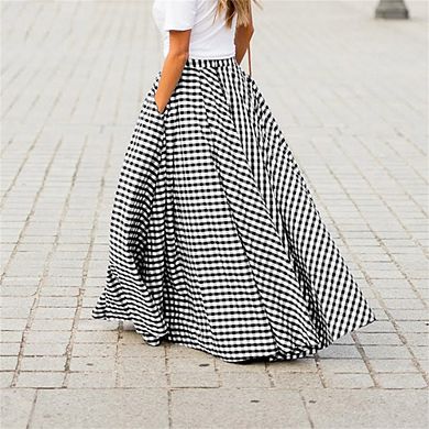 Women's Skirt Plaid High-Waisted A-Line Maxi Skirt with Pockets