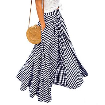 Women's Skirt Plaid High-Waisted A-Line Maxi Skirt with Pockets