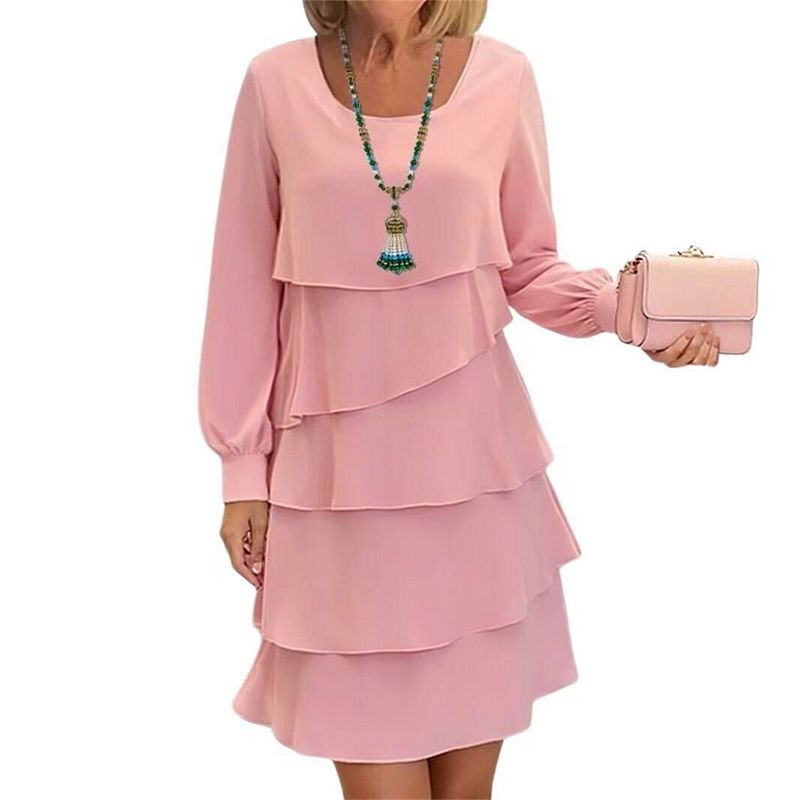 tiered chiffon dress with sleeves Women's Dresses Long Sleeve Crewneck Layered Flowy Party Wedding Outfits Striped Shirts Featuring a convenient back Color:Chianti Kaiia - Bodycon Mini Prom dress