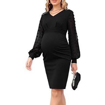 Maternity V-neck Long Sleeve Textured Mesh Sleeves Ruched Waist Midi Dress