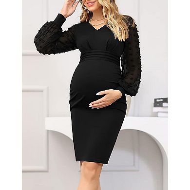 Maternity V-neck Long Sleeve Textured Mesh Sleeves Ruched Waist Midi Dress