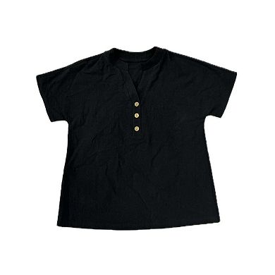 Women's Loose Fit Blouse V Neck Button Front Short Sleeve Casual Shirt