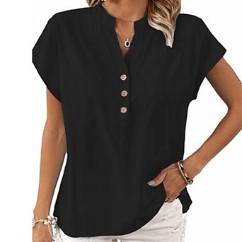 Women's Loose Fit Blouse V Neck Button Front Short Sleeve Casual Shirt