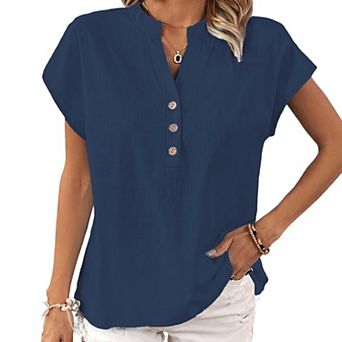 Women's Loose Fit Blouse V Neck Button Front Short Sleeve Casual Shirt