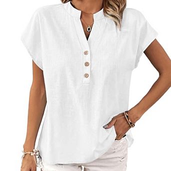 Women's Loose Fit Blouse V Neck Button Front Short Sleeve Casual Shirt