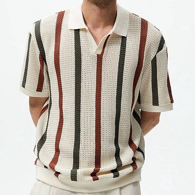 Men's Knit Polo Shirt - Striped Short Sleeve Collar Casual Slim Fit Knitted  Top