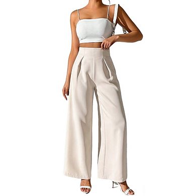 Women's High Waisted Pleated Front Flowing Side Pockets Wide Leg Pants