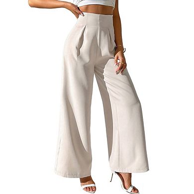 Women's High Waisted Pleated Front Flowing Side Pockets Wide Leg Pants