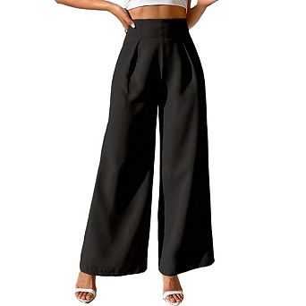 Women's High Waisted Pleated Front Flowing Side Pockets Wide Leg Pants