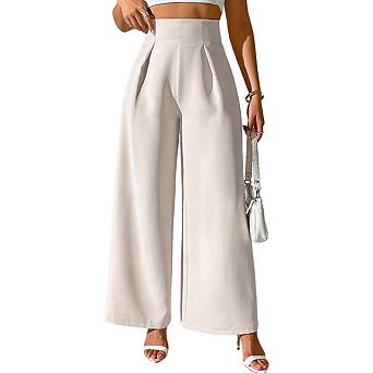 Women's High Waisted Pleated Front Flowing Side Pockets Wide Leg Pants